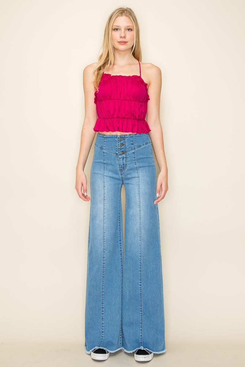 Drift Away Black Knee Slit Denim Flare Jeans Black | O2 Denim