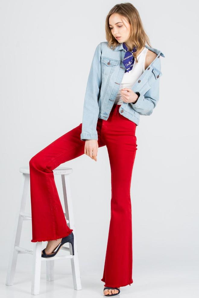 Free Minded Mid-Rise Denim Flare Jeans-RED