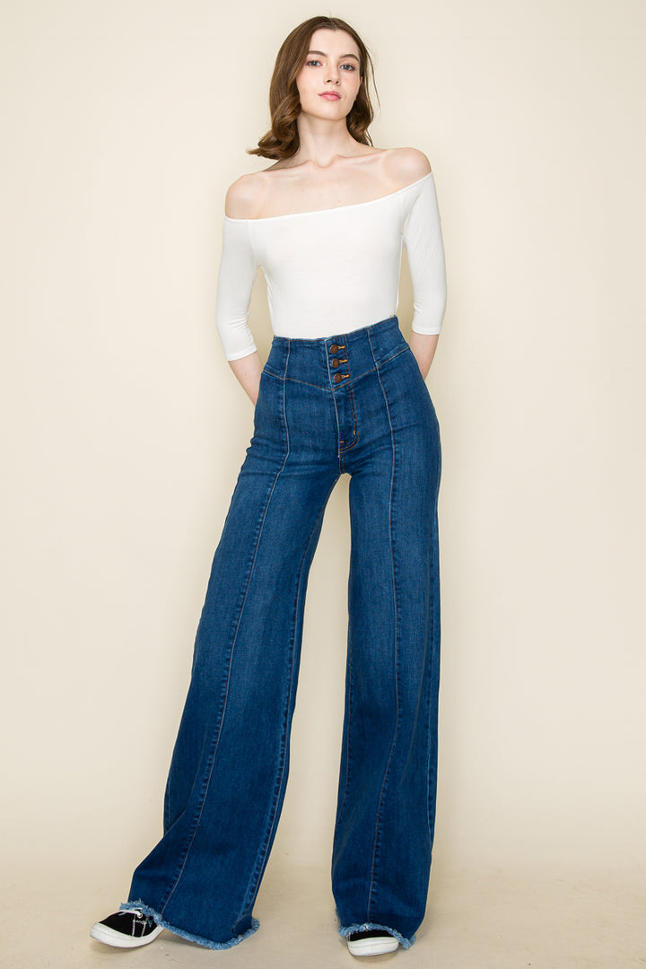 Drift Away Black Knee Slit Denim Flare Jeans Black | O2 Denim