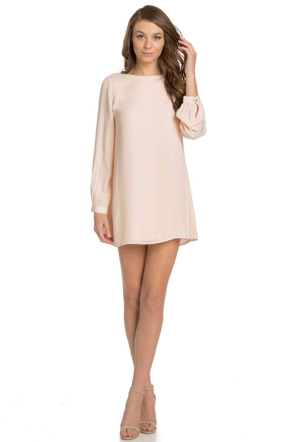 long sleeve chiffon shift dress DLR30070 Coral Long Sleeve Open Back Chiffon Shift Dress