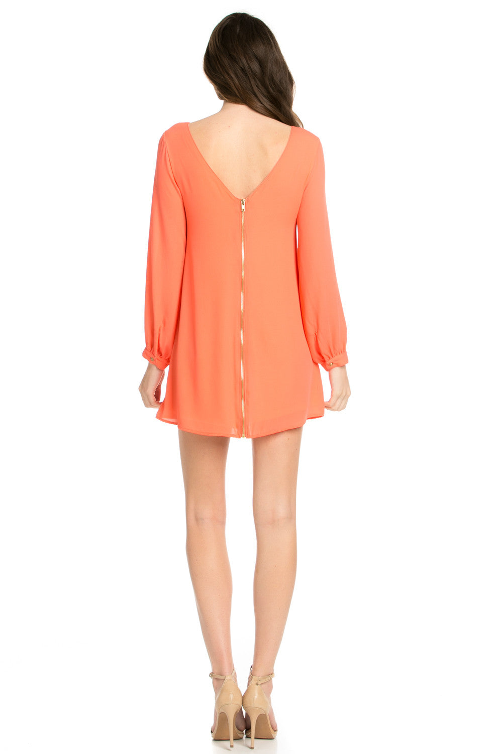 DLR30070 Coral Long Sleeve Open Back Chiffon Shift Dress | O2 DENIM  O2  Denim