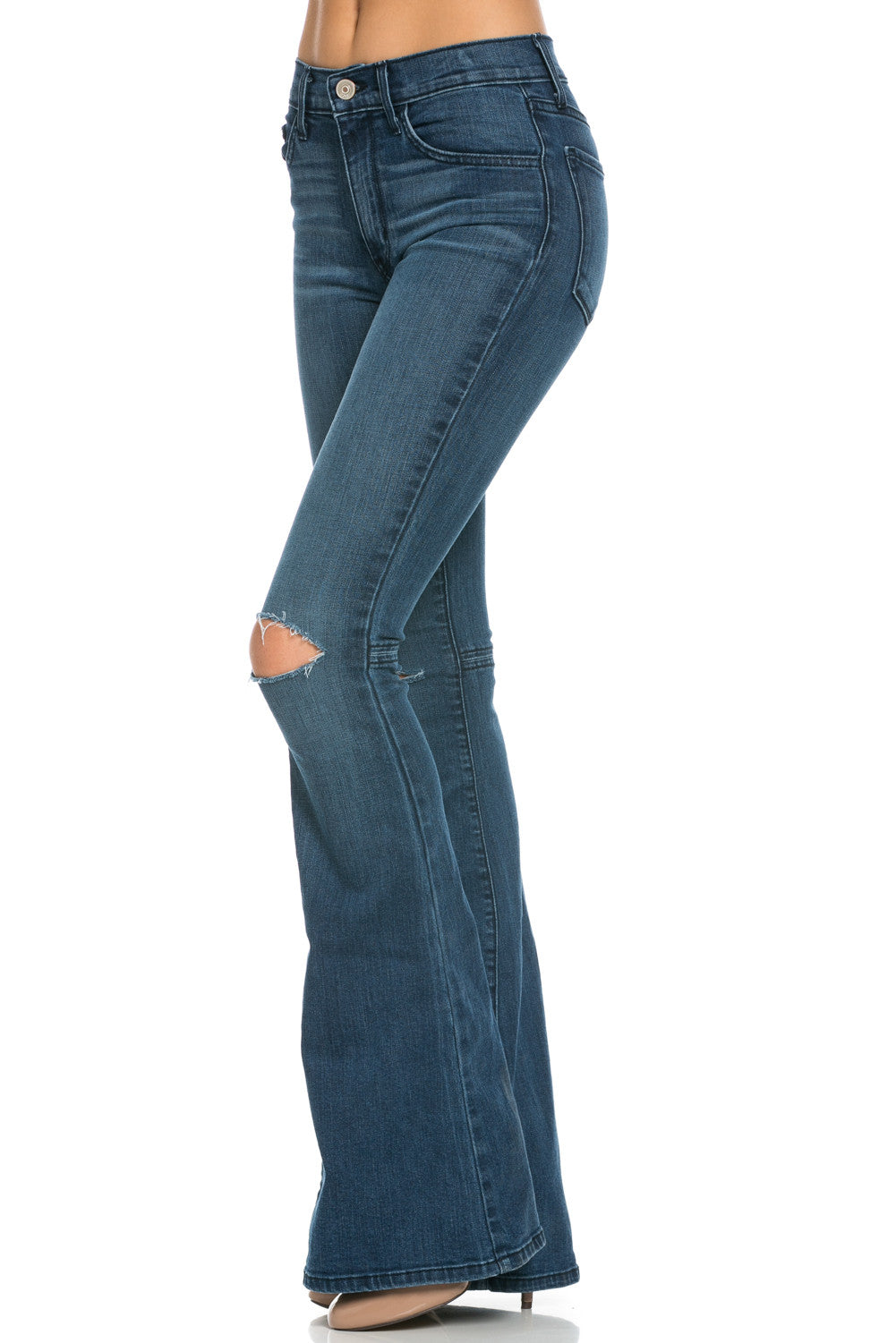 PF30015N-D Medium Wash Mid-Rise Faded Knee Slit Flare Jeans | O2 Denim