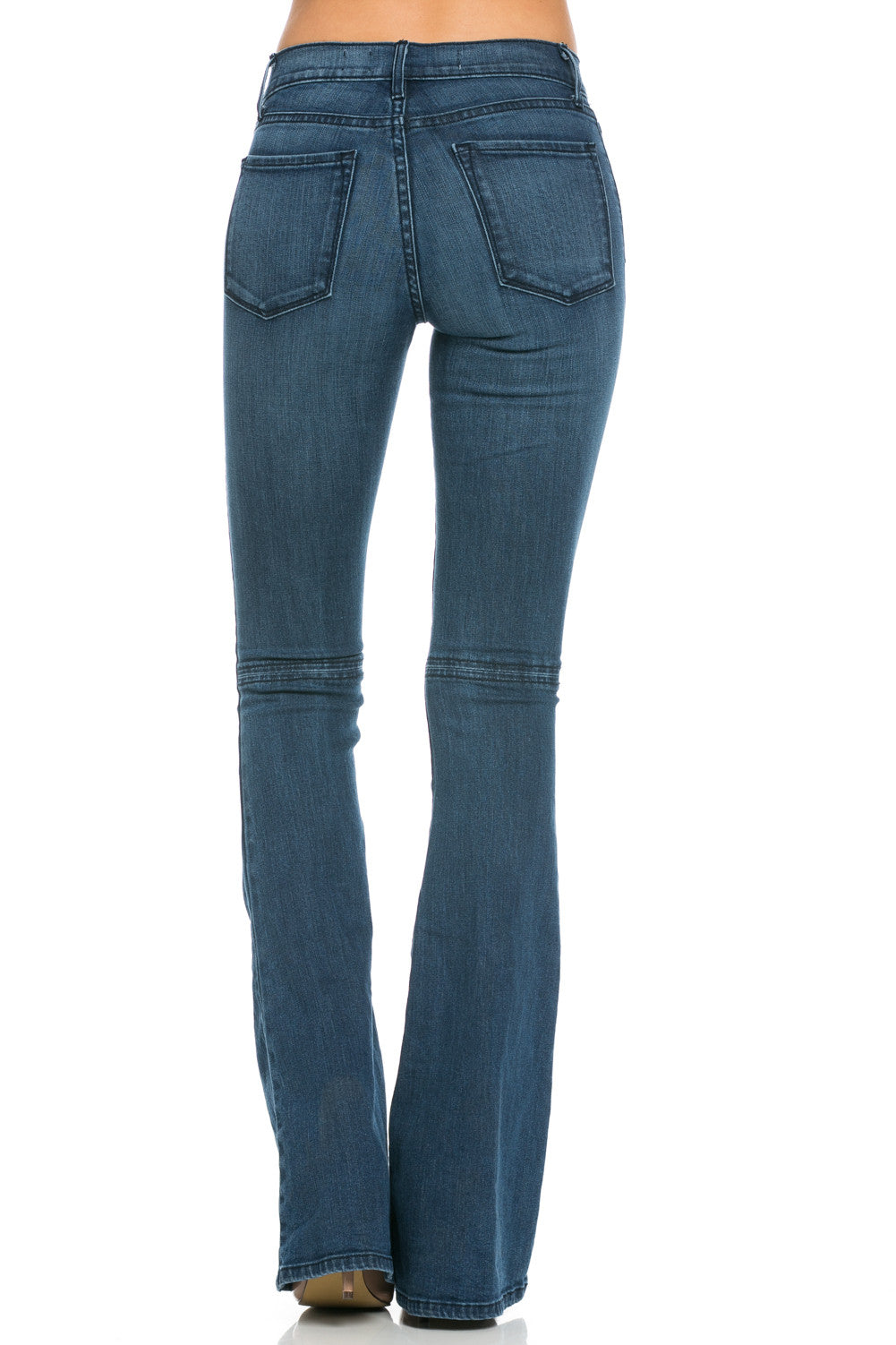 PF30015N-D Medium Wash Mid-Rise Faded Knee Slit Flare Jeans | O2 Denim