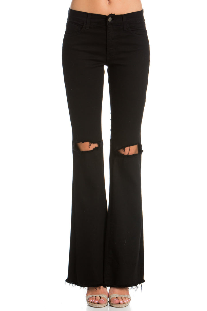 Drift Away Black Knee Slit Denim Flare Jeans Black O2 Denim