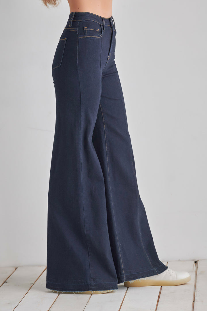 Drift Away Black Knee Slit Denim Flare Jeans Black | O2 Denim