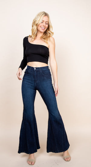 PF3026 High Waisted Wide Mermaid Flare Denim Jeans in Dark Wash
